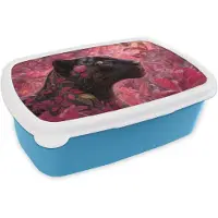 MuchoWow Broodtrommel Blauw - Lunchbox Luipaard - Bloemen - Roze - Brooddoos 18x12x6 cm - Brood lunch box - Broodtrommels voor kinderen en volwassenen