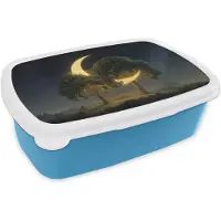 MuchoWow Broodtrommel Blauw - Lunchbox Maan - Bomen - Rust - Brooddoos 18x12x6 cm - Brood lunch box - Broodtrommels voor kinderen en volwassenen