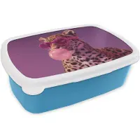 MuchoWow Broodtrommel Blauw - Lunchbox Panter - Zonnebril - Kauwgombel - Roze - Brooddoos 18x12x6 cm - Brood lunch box - Broodtrommels voor kinderen en volwassenen
