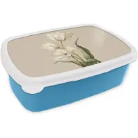 MuchoWow Broodtrommel Blauw - Lunchbox Tulpen - Wit - Bladeren - Brooddoos 18x12x6 cm - Brood lunch box - Broodtrommels voor kinderen en volwassenen