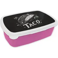 MuchoWow Broodtrommel Roze - Lunchbox Taco - Kruiden - Witte krijtstijl - Tekst - Brooddoos 18x12x6 cm - Brood lunch box - Broodtrommels voor kinderen en volwassenen