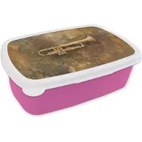 MuchoWow Broodtrommel Roze - Lunchbox Trompet - Geel - Muzikaal - Brooddoos 18x12x6 cm - Brood lunch box - Broodtrommels voor kinderen en volwassenen