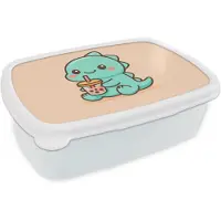 MuchoWow Broodtrommel Wit - Lunchbox Dino - Boba - kawaii - Oranje - Brooddoos 18x12x6 cm - Brood lunch box - Broodtrommels voor kinderen en volwassenen