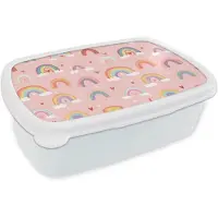 MuchoWow Broodtrommel Wit - Lunchbox Regenboog - Patroon - Pastel - Handgetekend - Brooddoos 18x12x6 cm - Brood lunch box - Broodtrommels voor kinderen en volwassenen