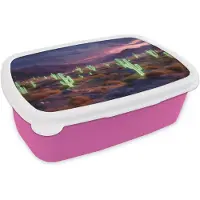 MuchoWow Broodtrommel Roze - Lunchbox Neon cactussen - Woestijn - Zonsondergang - Brooddoos 18x12x6 cm - Brood lunch box - Broodtrommels voor kinderen en volwassenen