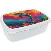 MuchoWow Broodtrommel Wit - Lunchbox Dolfijn - Kleurrijk - Oceaan - Koraal - Brooddoos 18x12x6 cm - Brood lunch box - Broodtrommels voor kinderen en volwassenen