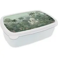 MuchoWow Broodtrommel Wit - Lunchbox Tropische tuin - Koepelgebouw - Bloemen - Brooddoos 18x12x6 cm - Brood lunch box - Broodtrommels voor kinderen en volwassenen