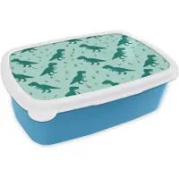 MuchoWow Broodtrommel Blauw - Lunchbox Donkergroen - Dinosaurussen - Afdrukken - Bladeren - Brooddoos 18x12x6 cm - Brood lunch box - Broodtrommels voor kinderen en volwassenen