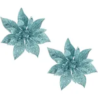 COSY&TRENDY Cosy & Trendy Decoratie bloem - 2x stuks - kerstster - op clip - blauw - glitter -15 cm - kunststof - kerstversiering