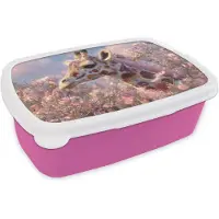 MuchoWow Broodtrommel Roze - Lunchbox Giraffe - Bloemen - Roze - Brooddoos 18x12x6 cm - Brood lunch box - Broodtrommels voor kinderen en volwassenen