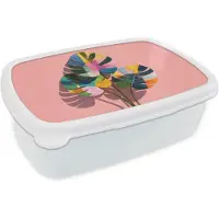 MuchoWow Broodtrommel Wit - Lunchbox Bladeren - Geschilderd - Vlakken - Kleurrijk - Brooddoos 18x12x6 cm - Brood lunch box - Broodtrommels voor kinderen en volwassenen