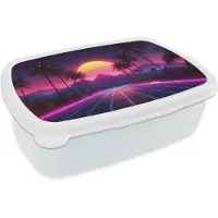 MuchoWow Broodtrommel Wit - Lunchbox Horizon - Palmbomen - Bergen - Geel - Brooddoos 18x12x6 cm - Brood lunch box - Broodtrommels voor kinderen en volwassenen