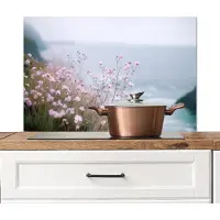 KitchenYeah Spatscherm keuken 80x55 cm - Kookplaat achterwand Klif - Bloemen - Zee - Roze - Muurbeschermer - Spatwand fornuis - Hoogwaardig aluminium