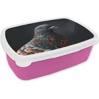 MuchoWow Broodtrommel Roze - Lunchbox Duif - Bloemen - Zwart - Brooddoos 18x12x6 cm - Brood lunch box - Broodtrommels voor kinderen en volwassenen