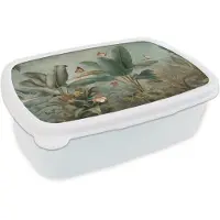 MuchoWow Broodtrommel Wit - Lunchbox Tropisch bladerdek - Vlinders - groen - Bruin - Brooddoos 18x12x6 cm - Brood lunch box - Broodtrommels voor kinderen en volwassenen