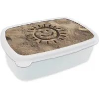 MuchoWow Broodtrommel Wit - Lunchbox Gezichtje - Zon - Zand - Getekend - Brooddoos 18x12x6 cm - Brood lunch box - Broodtrommels voor kinderen en volwassenen