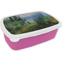 MuchoWow Broodtrommel Roze - Lunchbox Bloemen - Meer - Bergen - Groen - Brooddoos 18x12x6 cm - Brood lunch box - Broodtrommels voor kinderen en volwassenen