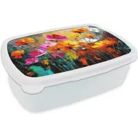 MuchoWow Broodtrommel Wit - Lunchbox Felgekleurd - Bloemblaadjes - Abstract - Brooddoos 18x12x6 cm - Brood lunch box - Broodtrommels voor kinderen en volwassenen
