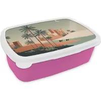 MuchoWow Broodtrommel Roze - Lunchbox Nachtlandschap - Kamelen - Sterren - zandduinden - Brooddoos 18x12x6 cm - Brood lunch box - Broodtrommels voor kinderen en volwassenen