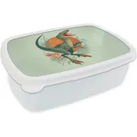 MuchoWow Broodtrommel Wit - Lunchbox Dino - Bladeren - Grafisch - Groen - Brooddoos 18x12x6 cm - Brood lunch box - Broodtrommels voor kinderen en volwassenen