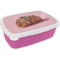 MuchoWow Broodtrommel Roze - Lunchbox Taco - Kleurrijk - Edelstenen - Goud - Brooddoos 18x12x6 cm - Brood lunch box - Broodtrommels voor kinderen en volwassenen