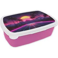 MuchoWow Broodtrommel Roze - Lunchbox Horizon - Palmbomen - Bergen - Geel - Brooddoos 18x12x6 cm - Brood lunch box - Broodtrommels voor kinderen en volwassenen