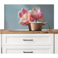KitchenYeah Spatscherm keuken 100x50 cm - Kookplaat achterwand Tulpen - Roze - Stelen - Muurbeschermer - Spatwand fornuis - Hoogwaardig aluminium
