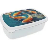 MuchoWow Broodtrommel Wit - Lunchbox Vissen - Waterlelies - Oranje - Water - Brooddoos 18x12x6 cm - Brood lunch box - Broodtrommels voor kinderen en volwassenen