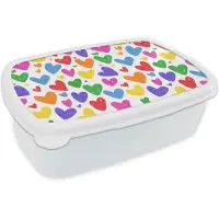 MuchoWow Broodtrommel Wit - Lunchbox Hartjes - Patroon - Kleurrijk - Tekening - Brooddoos 18x12x6 cm - Brood lunch box - Broodtrommels voor kinderen en volwassenen