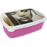 MuchoWow Broodtrommel Roze - Lunchbox Ogen - Gezicht - Goud - Strepen - Brooddoos 18x12x6 cm - Brood lunch box - Broodtrommels voor kinderen en volwassenen