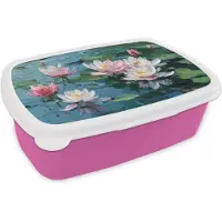 MuchoWow Broodtrommel Roze - Lunchbox Waterlelies - Bloemen - Roze - Water - Brooddoos 18x12x6 cm - Brood lunch box - Broodtrommels voor kinderen en volwassenen