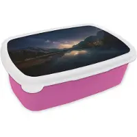 MuchoWow Broodtrommel Roze - Lunchbox Kristalhelder meer - Bergen - Bergen - Brooddoos 18x12x6 cm - Brood lunch box - Broodtrommels voor kinderen en volwassenen