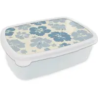 MuchoWow Broodtrommel Wit - Lunchbox Hibiscusbloemen - Blauw - Patroon - Tropisch - Brooddoos 18x12x6 cm - Brood lunch box - Broodtrommels voor kinderen en volwassenen