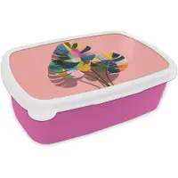 MuchoWow Broodtrommel Roze - Lunchbox Bladeren - Geschilderd - Vlakken - Kleurrijk - Brooddoos 18x12x6 cm - Brood lunch box - Broodtrommels voor kinderen en volwassenen
