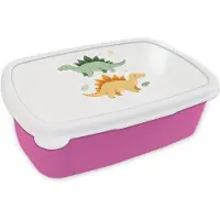 MuchoWow Broodtrommel Roze - Lunchbox Sterren - Stegosaurussen - Blaadjes - Groen - Brooddoos 18x12x6 cm - Brood lunch box - Broodtrommels voor kinderen en volwassenen