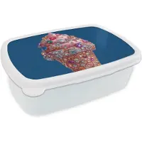 MuchoWow Broodtrommel Wit - Lunchbox Ijsje - Hoorntje - Steentjes - Blauw - Brooddoos 18x12x6 cm - Brood lunch box - Broodtrommels voor kinderen en volwassenen