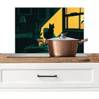 KitchenYeah Spatscherm keuken 60x40 cm - Kookplaat achterwand Zwarte kat - Mysterieus - Gele instraal - Muurbeschermer - Spatwand fornuis - Hoogwaardig aluminium
