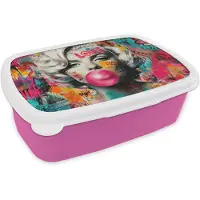MuchoWow Broodtrommel Roze - Lunchbox Vrouw - Kauwgom - Graffiti - Neonkleuren - Brooddoos 18x12x6 cm - Brood lunch box - Broodtrommels voor kinderen en volwassenen