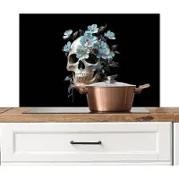 KitchenYeah Spatscherm keuken 80x55 cm - Kookplaat achterwand Schedel - Blauw - Bloemen - Bladeren - Muurbeschermer - Spatwand fornuis - Hoogwaardig aluminium