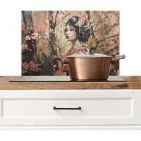 KitchenYeah Spatscherm keuken 60x40 cm - Kookplaat achterwand Kimono - Vrouw - kersenbomen - Muurbeschermer - Spatwand fornuis - Hoogwaardig aluminium