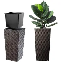 Kadax Bloempot, bloembak van kunststof, plantenbak voor bloemen, binnen en buiten, tuin, balkon, terras, huis, weerbestendig, imitatie rotan (57 cm hoog, mokka rotan)