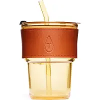 Motivai Glazen Drinkbekers met Deksel, Rietje & Leren Band – 400ML – Stijlvolle Tumbler voor Koffie, Smoothie & Cocktail – Bruin