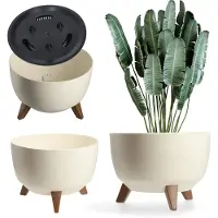 Kadax Verhoogde plantenpot, grote kunststof plantenbak met poten voor binnen en buiten, duurzame ronde plantenbak voor kamerplanten (47 cm, crème)