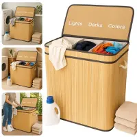 Cheqo Wasmand 3 Vakken - Wassorteerder - Bamboe Materiaal - Uitneembare Waszak - Licht Donker Kleur - 100 Liter Inhoud - Naturel Kleur - Wasbare Binnenzak - Wasgoed Organizer - Gescheiden Was