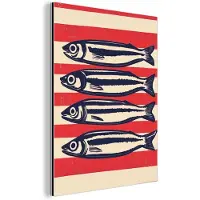 MuchoWow Aluminium schilderij 90x120 cm - Wanddecoratie metaal - Sardines - Rood en beige strepen - Metalen muurdecoratie woonkamer - Decoratie industrieel - Foto op dibond - Industriële accessoires slaapkamer