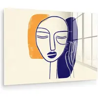 MuchoWow Glasschilderij 30x20 cm - Schilderij acrylglas - Minimalistisch - Gezicht - Hand - Oranje - Blauw - Foto op glas - Muurdecoratie woonkamer - Wanddecoratie slaapkamer - Schilderijen
