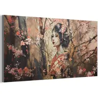 MuchoWow Aluminium schilderij 40x20 cm - Wanddecoratie metaal - Kimono - Vrouw - kersenbomen - Metalen muurdecoratie woonkamer - Decoratie industrieel - Foto op dibond - Industriële accessoires slaapkamer