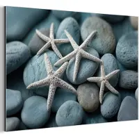 MuchoWow Aluminium schilderij 90x60 cm - Wanddecoratie metaal - Zeesterren - Stenen - Wit - Metalen muurdecoratie woonkamer - Decoratie industrieel - Foto op dibond - Industriële accessoires slaapkamer