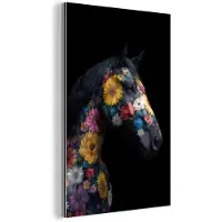 MuchoWow Aluminium schilderij 60x90 cm - Wanddecoratie metaal - Paard - Bloemen - Zwart - Metalen muurdecoratie woonkamer - Decoratie industrieel - Foto op dibond - Industriële accessoires slaapkamer
