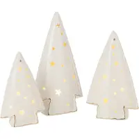J-Line decoratie Kerstboom - keramiek - wit - set van 3 - LED